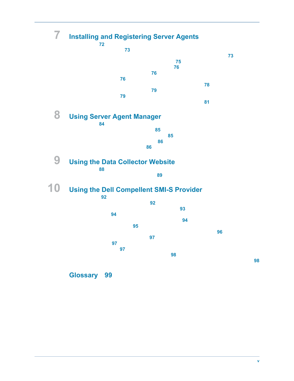 Installing and registering server agents, Using server agent manager, Using the data collector website | Using the dell compellent smi-s provider, Glossary 99 | Dell Compellent Series 30 User Manual | Page 5 / 116