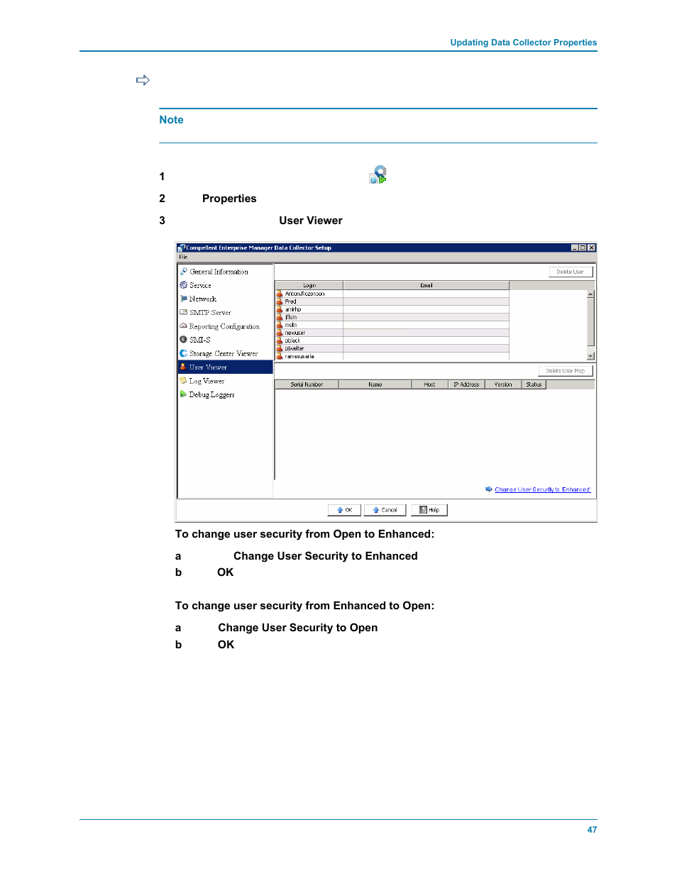 To change data collector user security | Dell Compellent Series 30 User Manual | Page 55 / 116