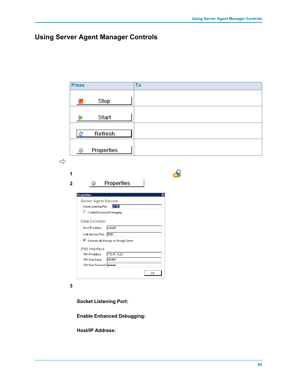 Using server agent manager controls, To set server agent manager properties | Dell Compellent Series 30 User Manual | Page 93 / 116