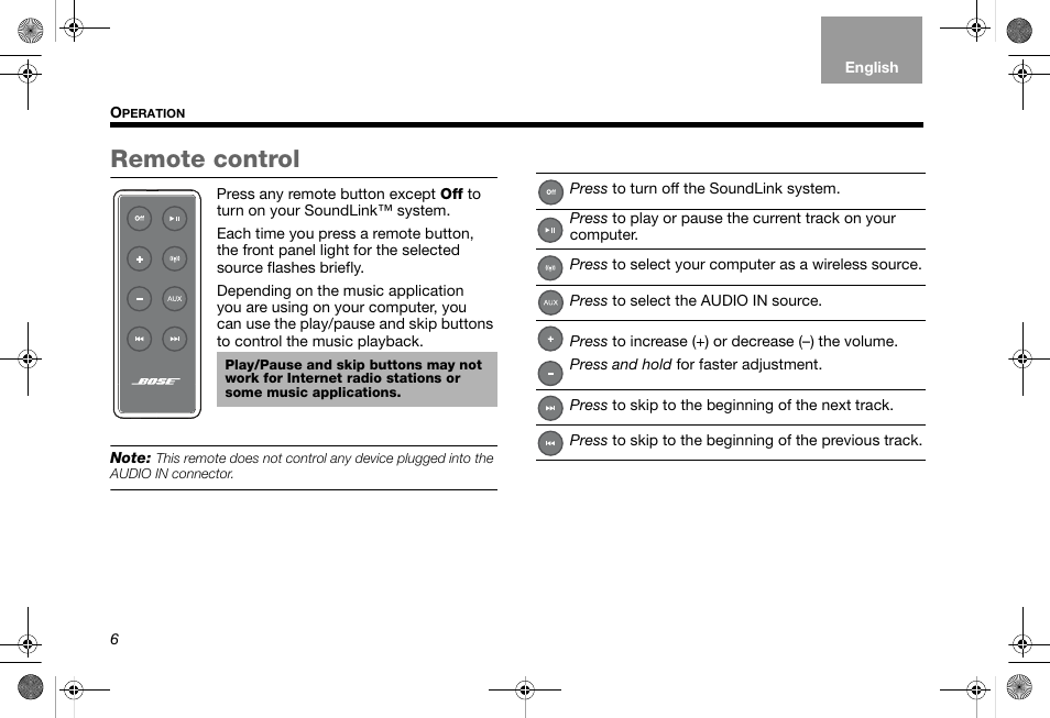 Remote control | Bose SoundLink AM319182 User Manual | Page 10 / 56