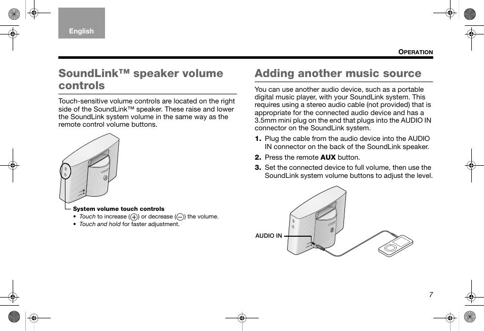 Soundlink™ speaker volume controls, Adding another music source | Bose SoundLink AM319182 User Manual | Page 11 / 56