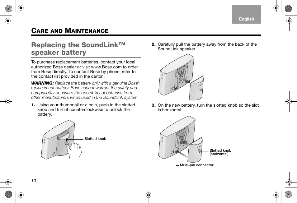 Care and maintenance, Replacing the soundlink™ speaker battery | Bose SoundLink AM319182 User Manual | Page 14 / 56