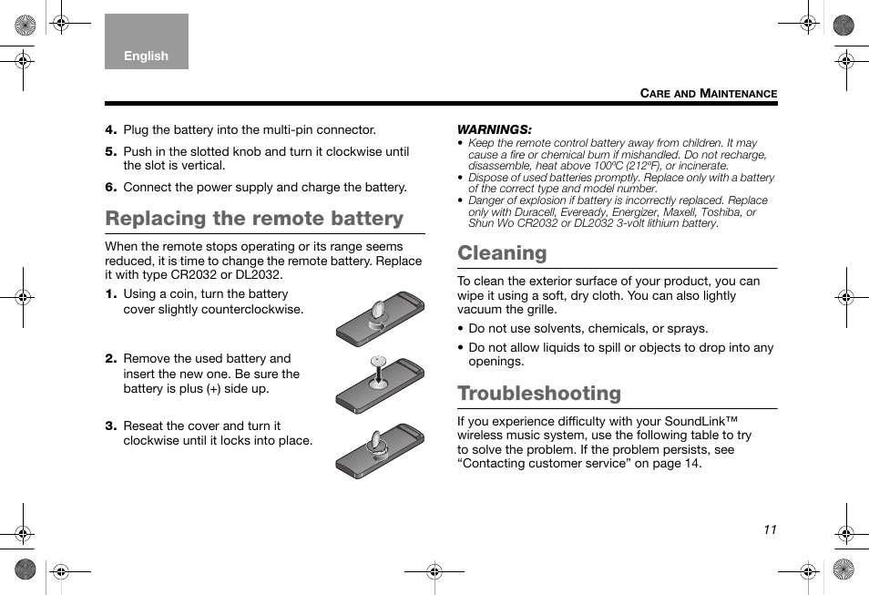 Replacing the remote battery, Cleaning, Troubleshooting | Bose SoundLink AM319182 User Manual | Page 15 / 56