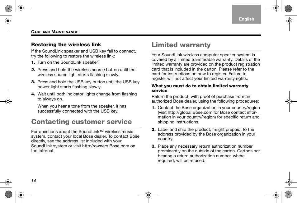 Contacting customer service, Limited warranty | Bose SoundLink AM319182 User Manual | Page 18 / 56