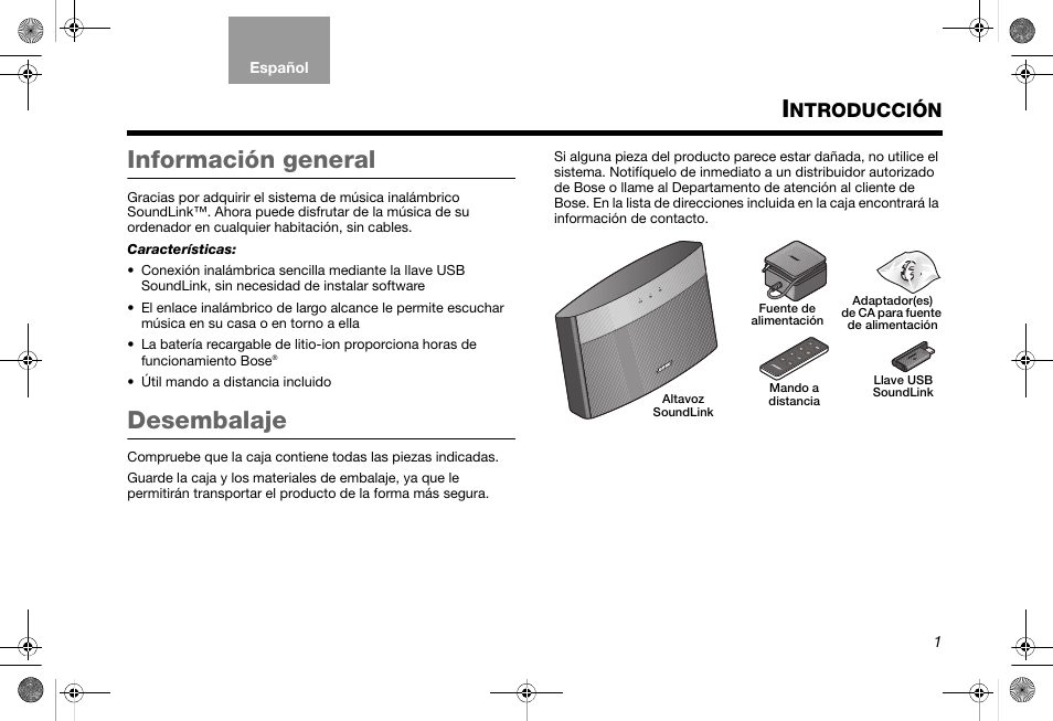 Información general, Desembalaje, Ntroducción | Bose SoundLink AM319182 User Manual | Page 23 / 56