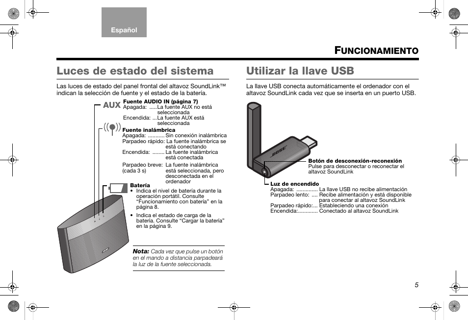 Luces de estado del sistema, Utilizar la llave usb, Uncionamiento | Bose SoundLink AM319182 User Manual | Page 27 / 56
