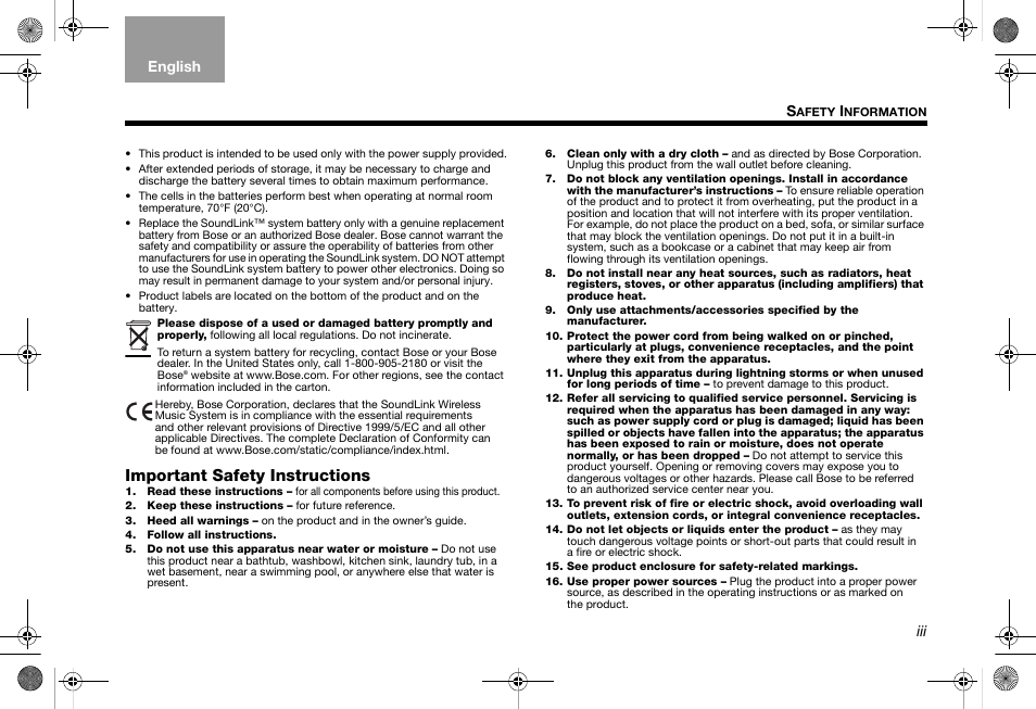 Important safety instructions | Bose SoundLink AM319182 User Manual | Page 3 / 56