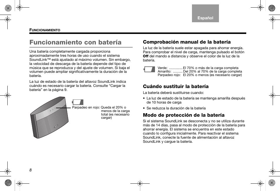Funcionamiento con batería | Bose SoundLink AM319182 User Manual | Page 30 / 56