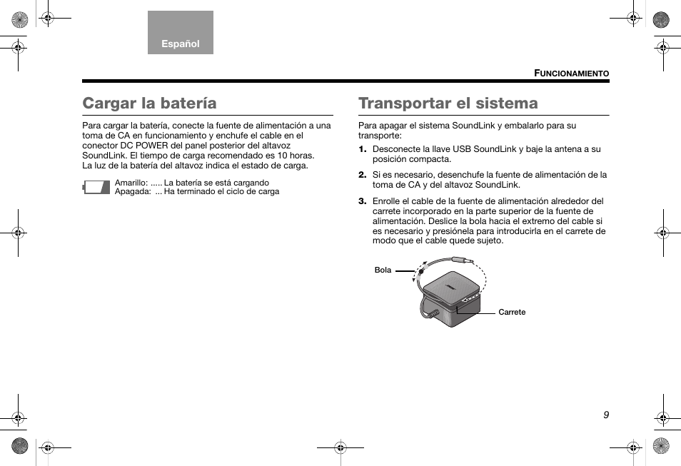 Cargar la batería, Transportar el sistema | Bose SoundLink AM319182 User Manual | Page 31 / 56