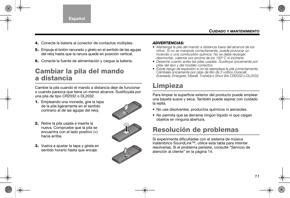 Cambiar la pila del mando a distancia, Limpieza, Resolución de problemas | Bose SoundLink AM319182 User Manual | Page 33 / 56