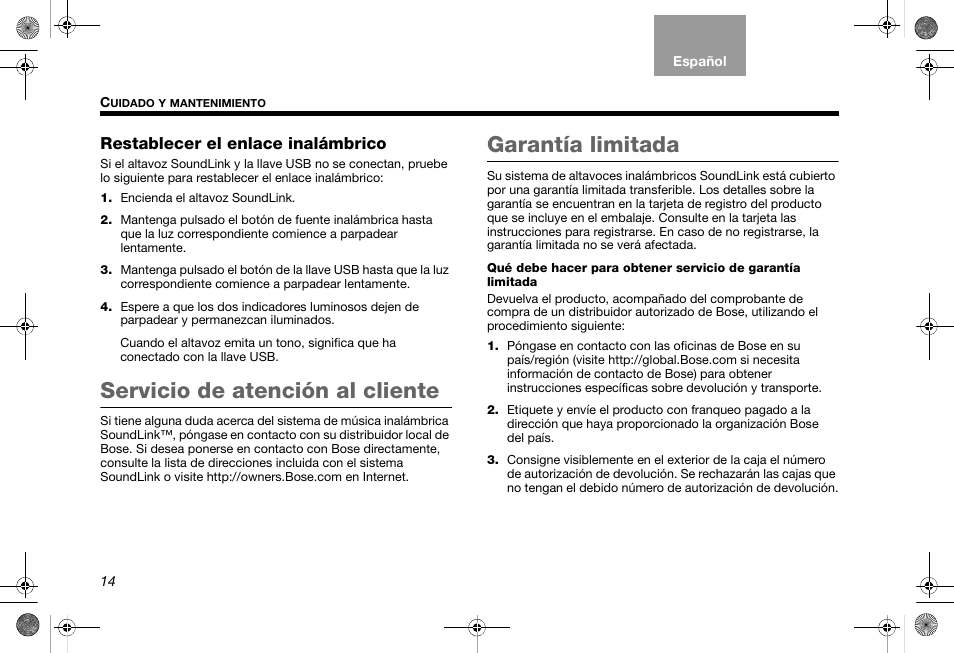 Servicio de atención al cliente, Garantía limitada | Bose SoundLink AM319182 User Manual | Page 36 / 56