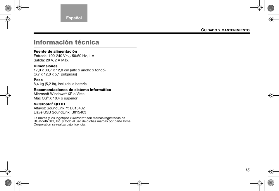 Información técnica | Bose SoundLink AM319182 User Manual | Page 37 / 56