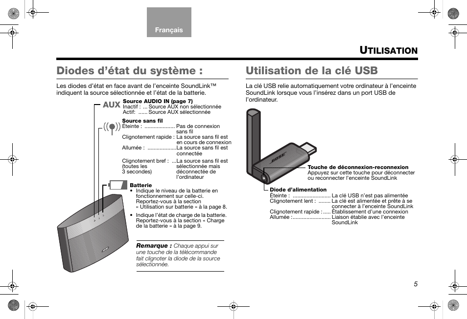 Diodes d’état du système, Utilisation de la clé usb, Tilisation | Bose SoundLink AM319182 User Manual | Page 45 / 56