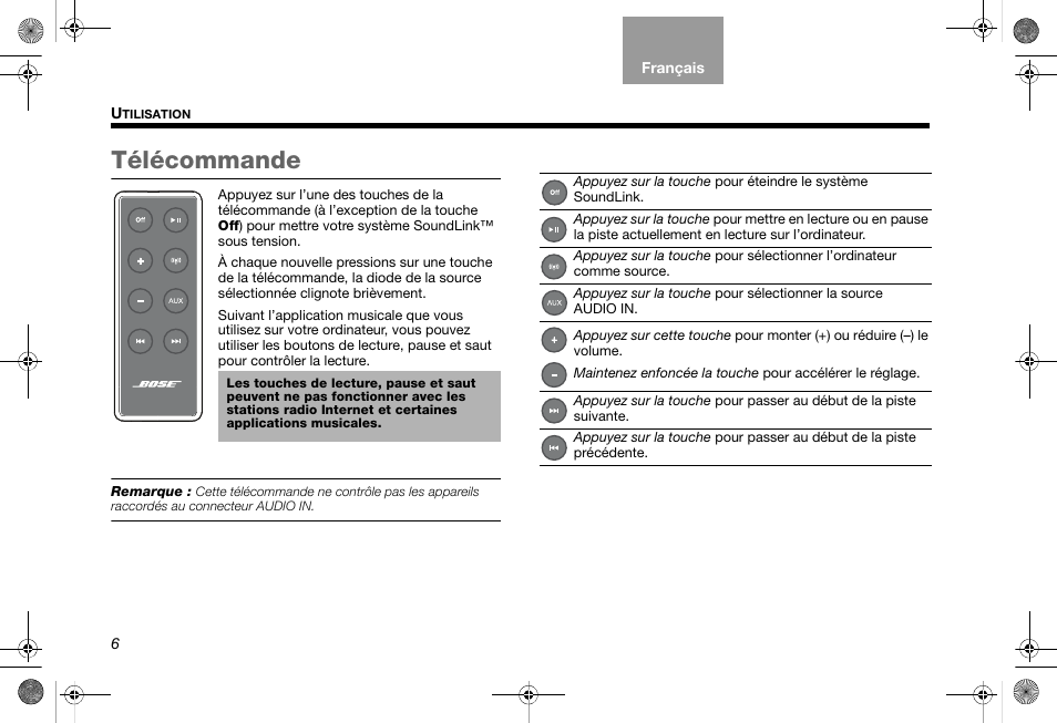Télécommande | Bose SoundLink AM319182 User Manual | Page 46 / 56
