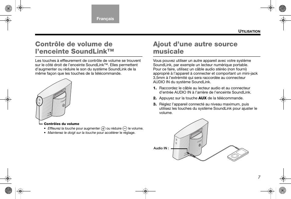 Contrôle de volume de l’enceinte soundlink, Ajout d’une autre source musicale | Bose SoundLink AM319182 User Manual | Page 47 / 56
