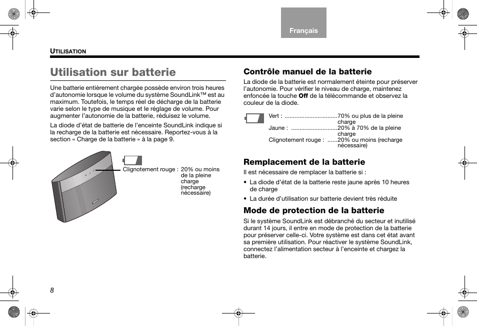 Utilisation sur batterie | Bose SoundLink AM319182 User Manual | Page 48 / 56
