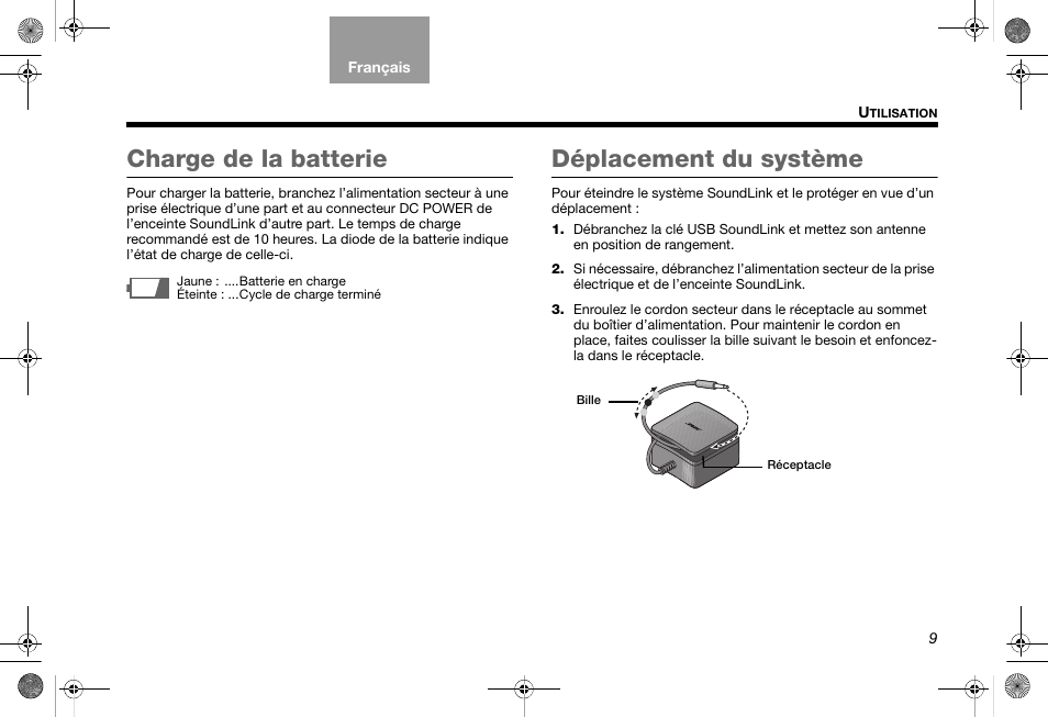 Charge de la batterie, Déplacement du système | Bose SoundLink AM319182 User Manual | Page 49 / 56
