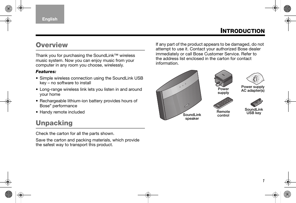 Introduction, Overview, Unpacking | Ntroduction | Bose SoundLink AM319182 User Manual | Page 5 / 56