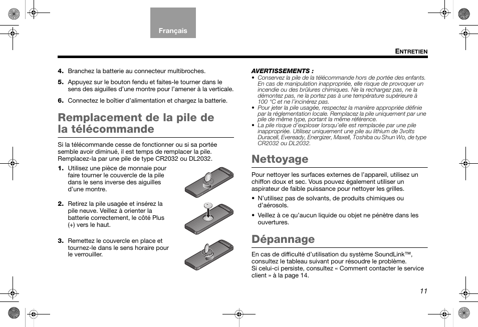 Remplacement de la pile de la télécommande, Nettoyage, Dépannage | Bose SoundLink AM319182 User Manual | Page 51 / 56