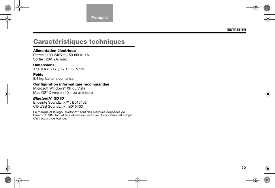 Caractéristiques techniques | Bose SoundLink AM319182 User Manual | Page 55 / 56