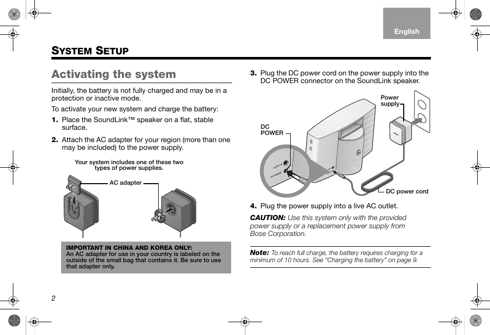 System setup, Activating the system, Ystem | Etup | Bose SoundLink AM319182 User Manual | Page 6 / 56
