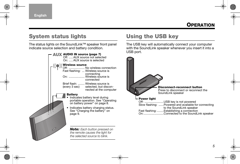 Operation, System status lights, Using the usb key | Peration | Bose SoundLink AM319182 User Manual | Page 9 / 56