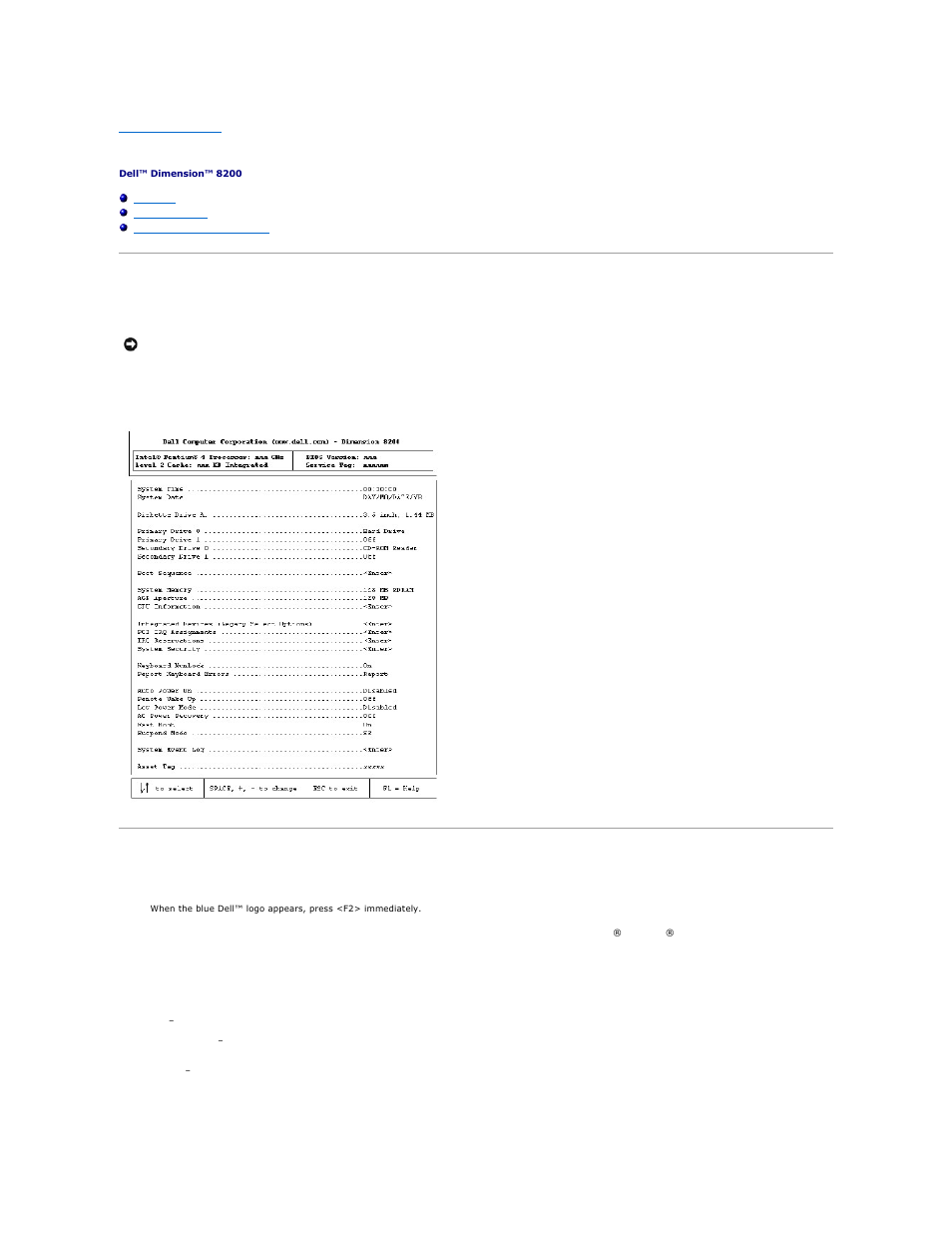 System setup program, Overview, Viewing settings | System setup program screens | Dell Dimension 8200 User Manual | Page 46 / 57