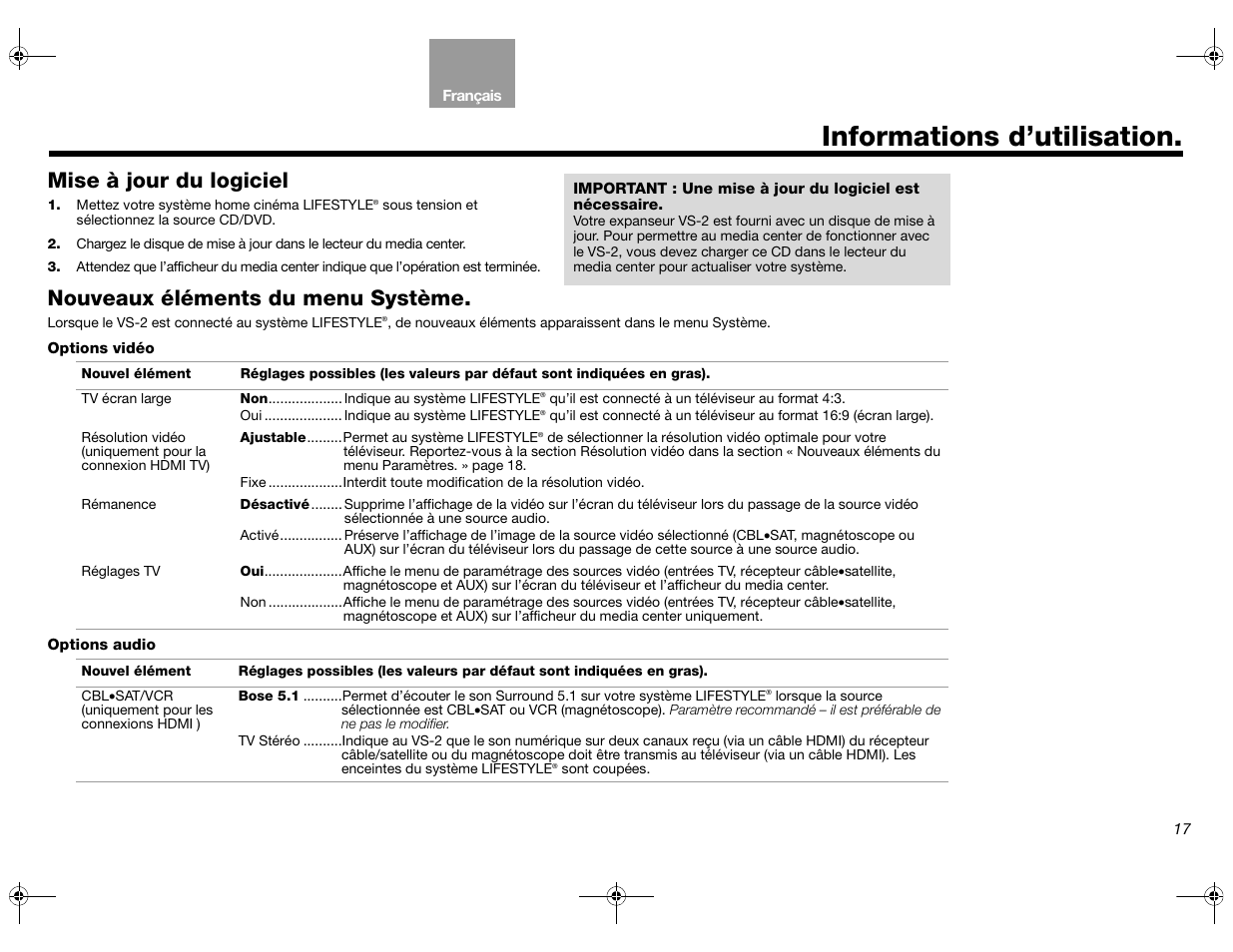 Informations d’utilisation, Mise à jour du logiciel, Nouveaux éléments du menu système | Bose Lifestyle AM301726 User Manual | Page 105 / 267