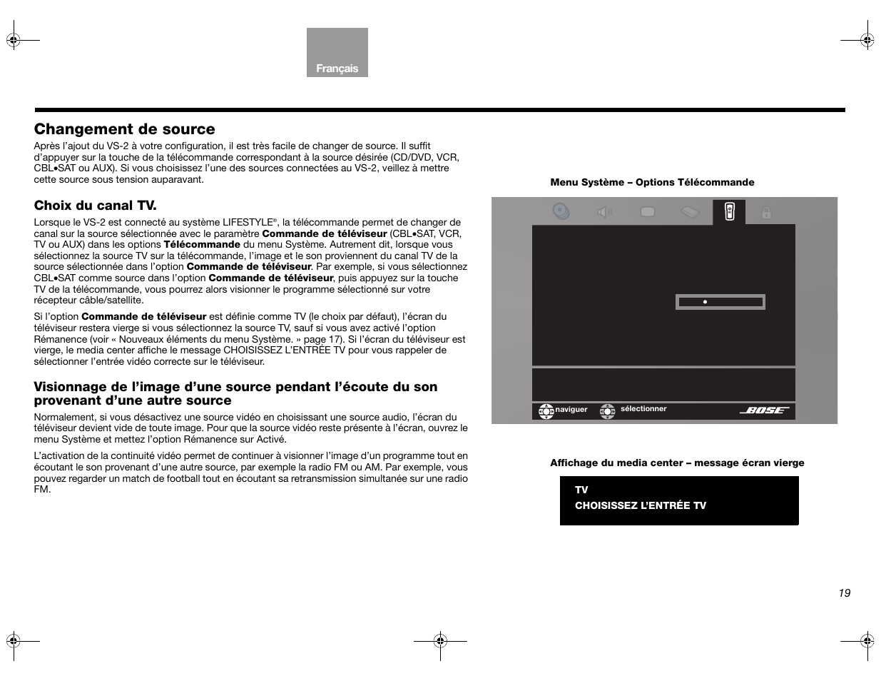 Changement de source, Choix du canal tv | Bose Lifestyle AM301726 User Manual | Page 107 / 267