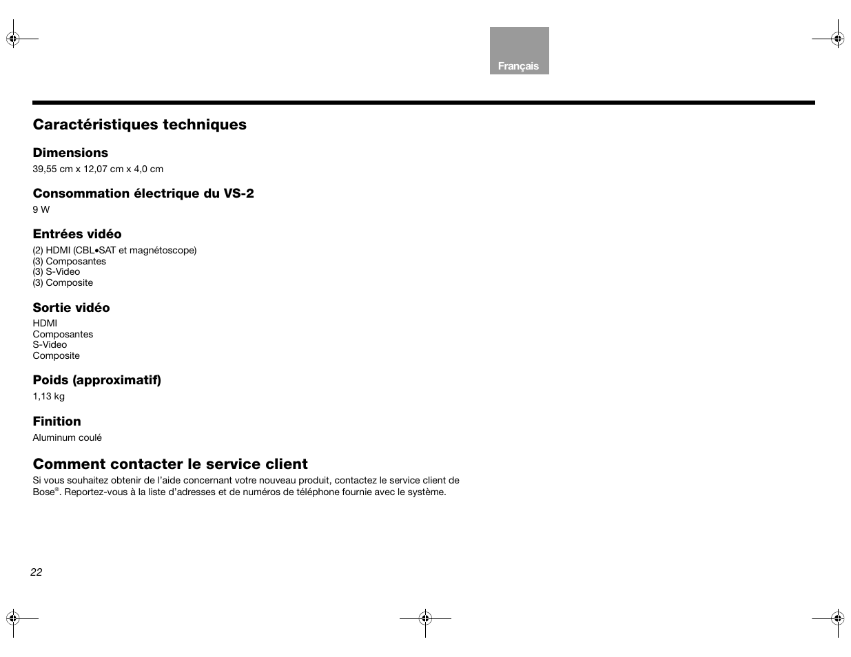 Caractéristiques techniques, Comment contacter le service client | Bose Lifestyle AM301726 User Manual | Page 110 / 267