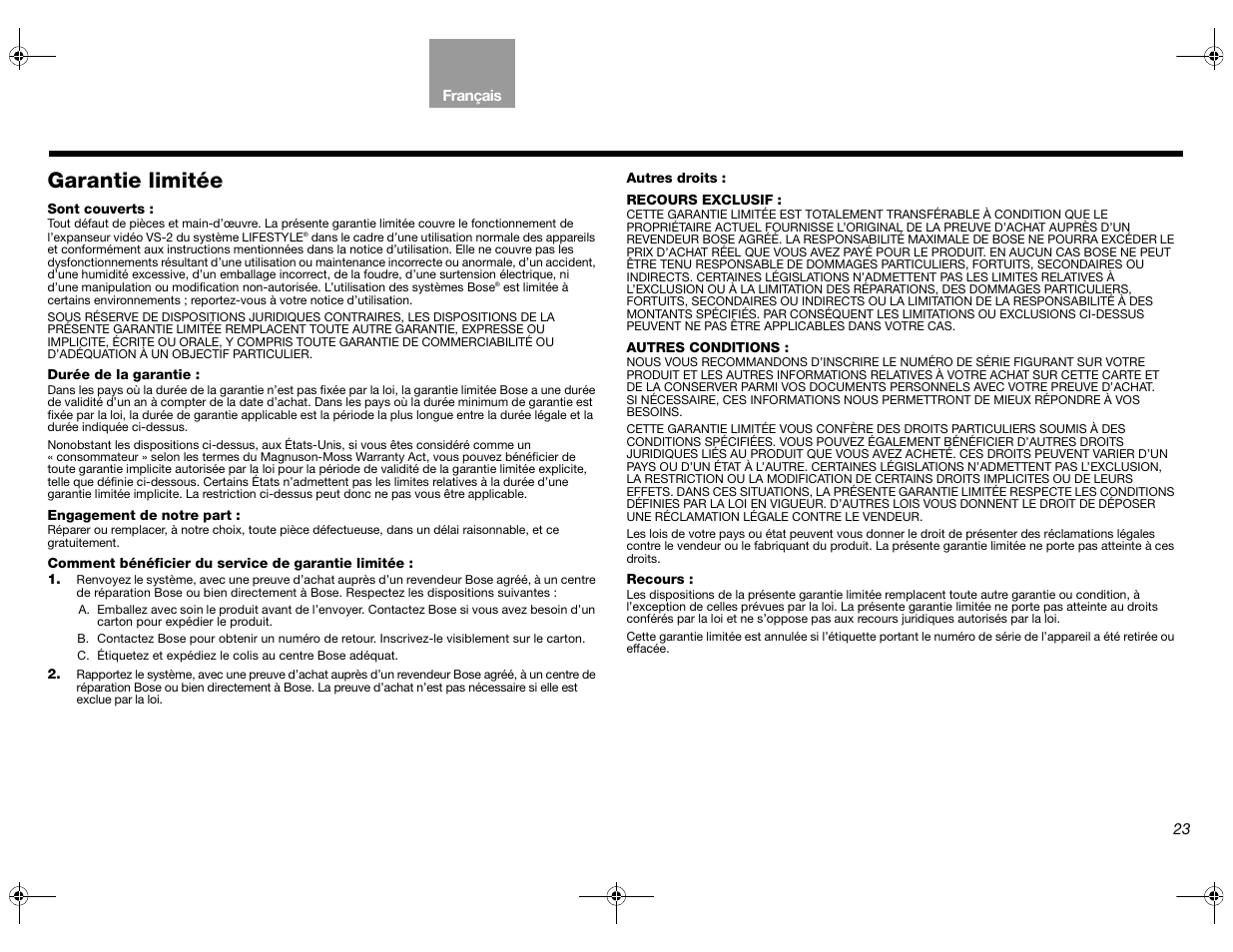 Garantie limitée | Bose Lifestyle AM301726 User Manual | Page 111 / 267