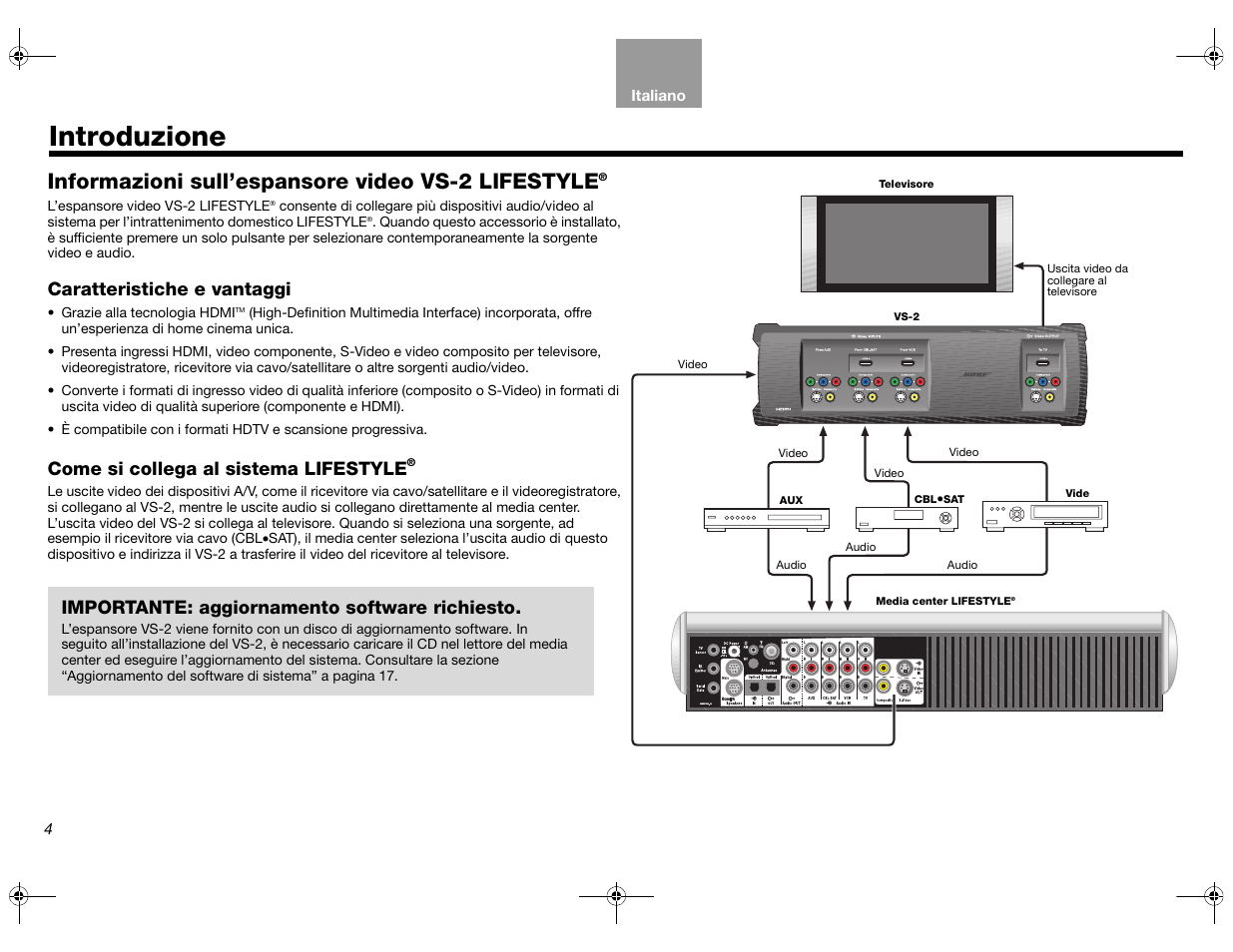 Introduzione, Informazioni sull’espansore video vs-2 lifestyle, Caratteristiche e vantaggi | Come si collega al sistema lifestyle, Importante: aggiornamento software richiesto | Bose Lifestyle AM301726 User Manual | Page 114 / 267