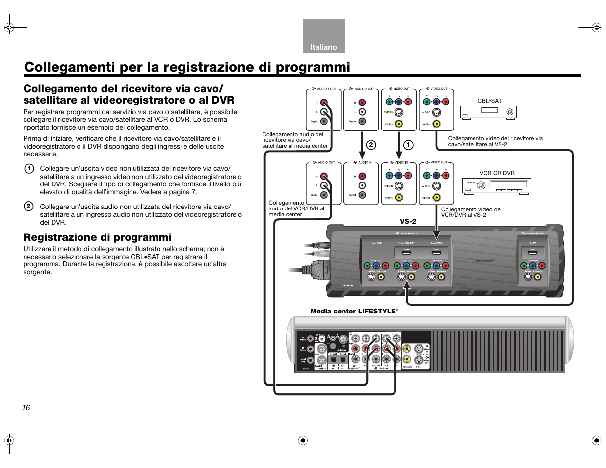 Collegamenti per la registrazione di programmi, Registrazione di programmi | Bose Lifestyle AM301726 User Manual | Page 126 / 267