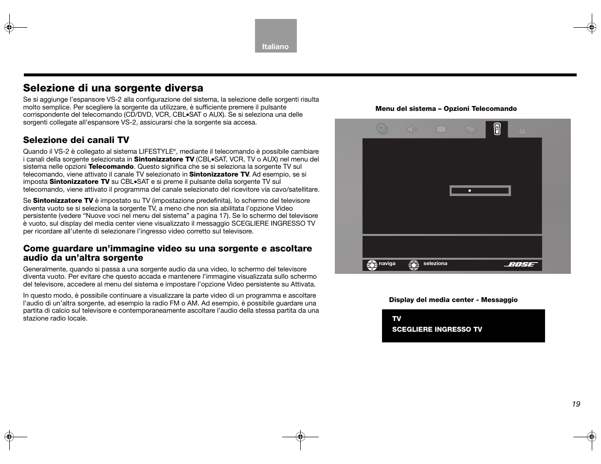 Selezione di una sorgente diversa, Selezione dei canali tv | Bose Lifestyle AM301726 User Manual | Page 129 / 267