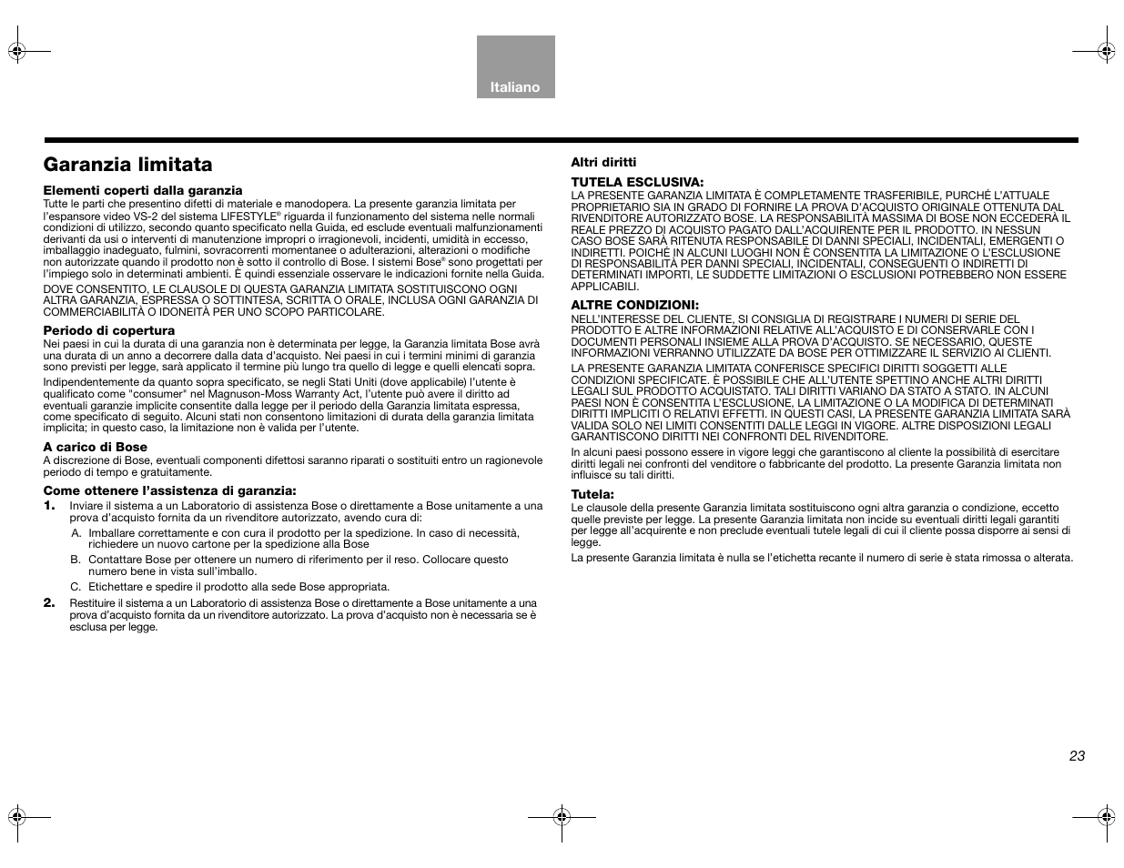 Garanzia limitata | Bose Lifestyle AM301726 User Manual | Page 133 / 267