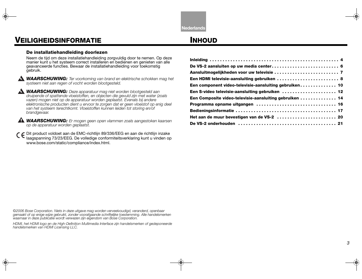 Nhoud, Eiligheidsinformatie | Bose Lifestyle AM301726 User Manual | Page 135 / 267