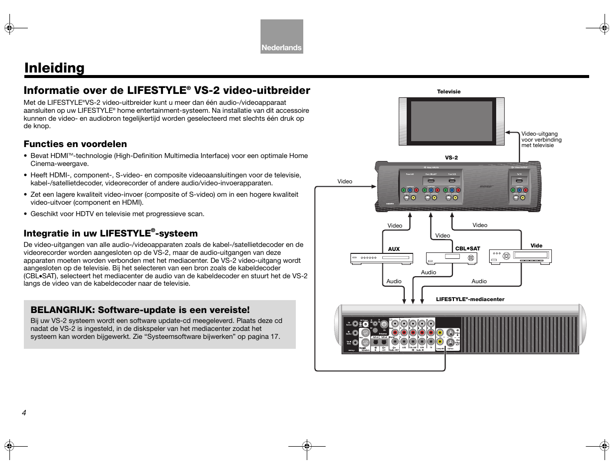 Inleiding, Informatie over de lifestyle, Vs-2 video-uitbreider | Functies en voordelen, Integratie in uw lifestyle, Systeem, Belangrijk: software-update is een vereiste | Bose Lifestyle AM301726 User Manual | Page 136 / 267