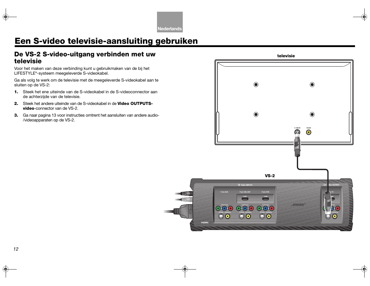 Een s-video televisie-aansluiting gebruiken, De vs-2 s-video-uitgang verbinden met uw televisie | Bose Lifestyle AM301726 User Manual | Page 144 / 267