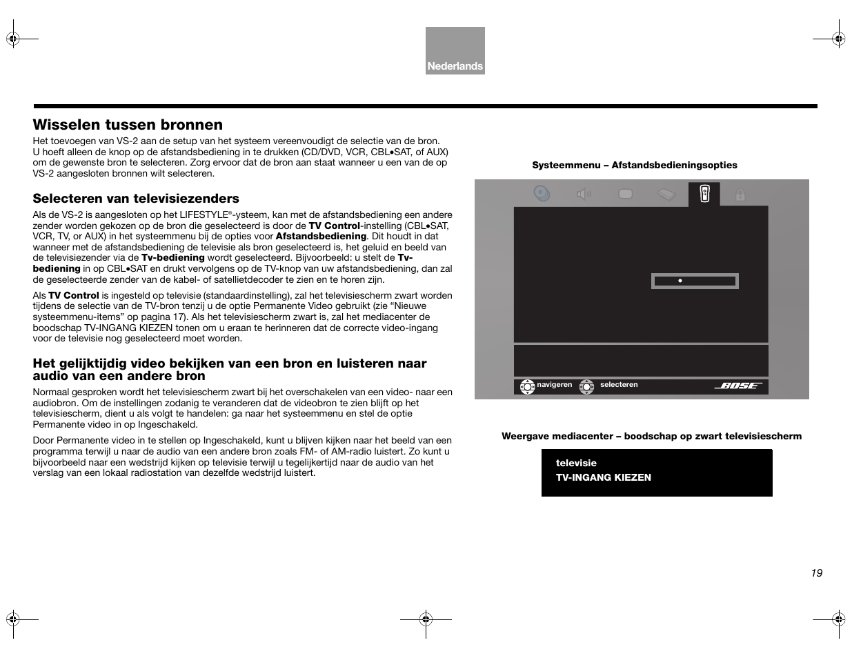 Wisselen tussen bronnen, Selecteren van televisiezenders | Bose Lifestyle AM301726 User Manual | Page 151 / 267