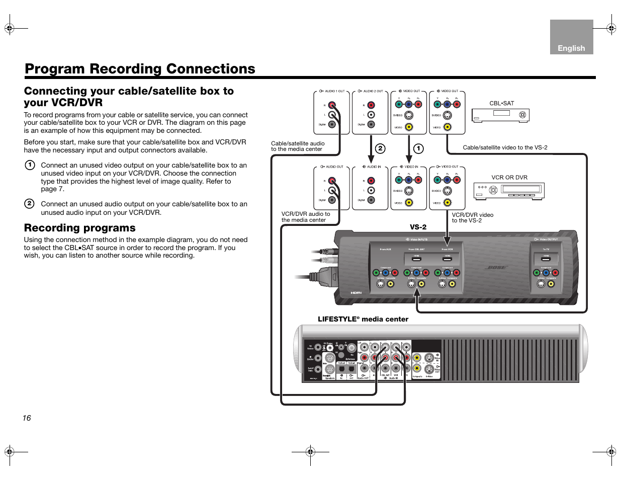 Program recording connections, Recording programs | Bose Lifestyle AM301726 User Manual | Page 16 / 267