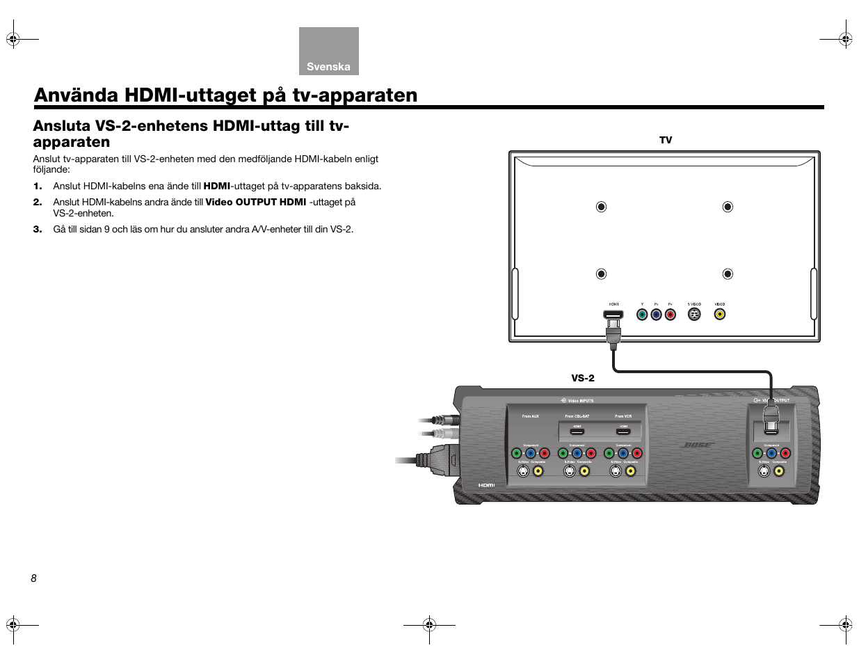 Sidan 8, Använda hdmi-uttaget på tv-apparaten | Bose Lifestyle AM301726 User Manual | Page 162 / 267
