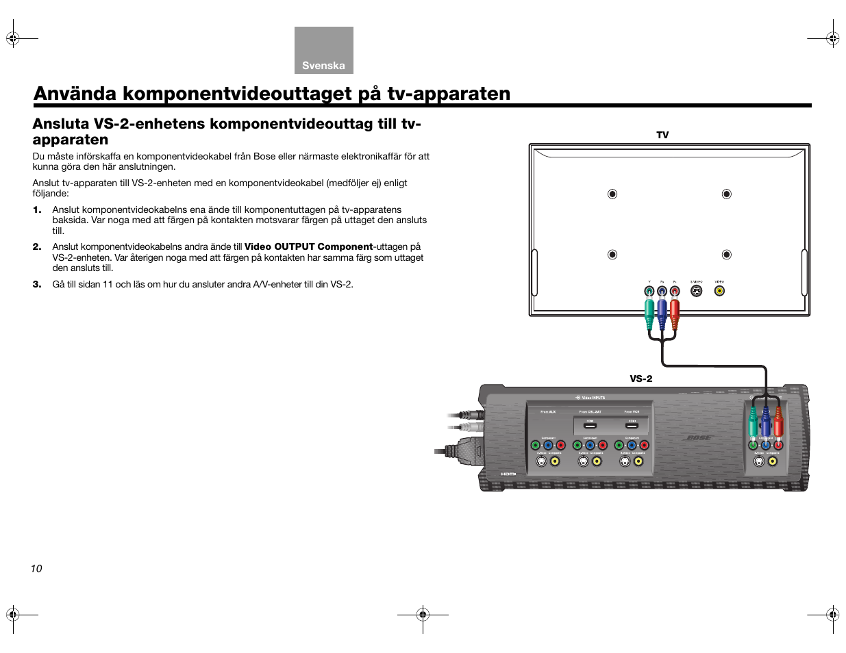 Sidan 10, Använda komponentvideouttaget på tv-apparaten | Bose Lifestyle AM301726 User Manual | Page 164 / 267