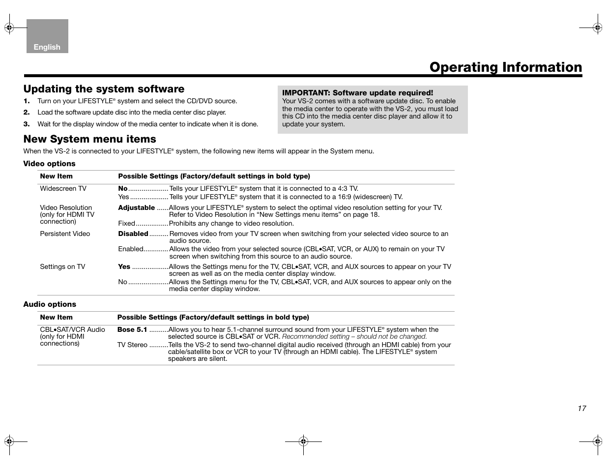 Operating information, Updating the system software, New system menu items | Bose Lifestyle AM301726 User Manual | Page 17 / 267