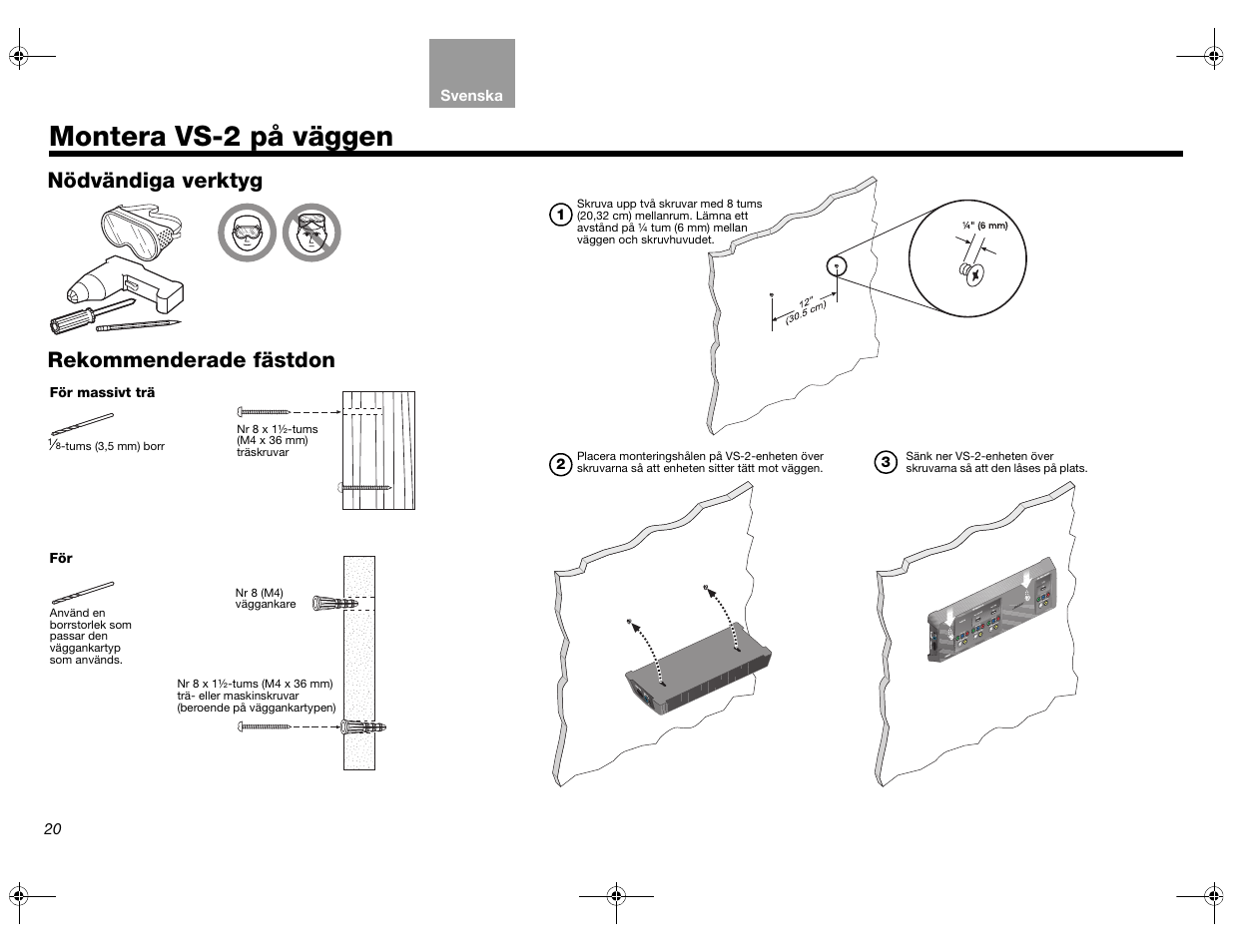 Montera vs-2 på väggen, Nödvändiga verktyg rekommenderade fästdon | Bose Lifestyle AM301726 User Manual | Page 174 / 267