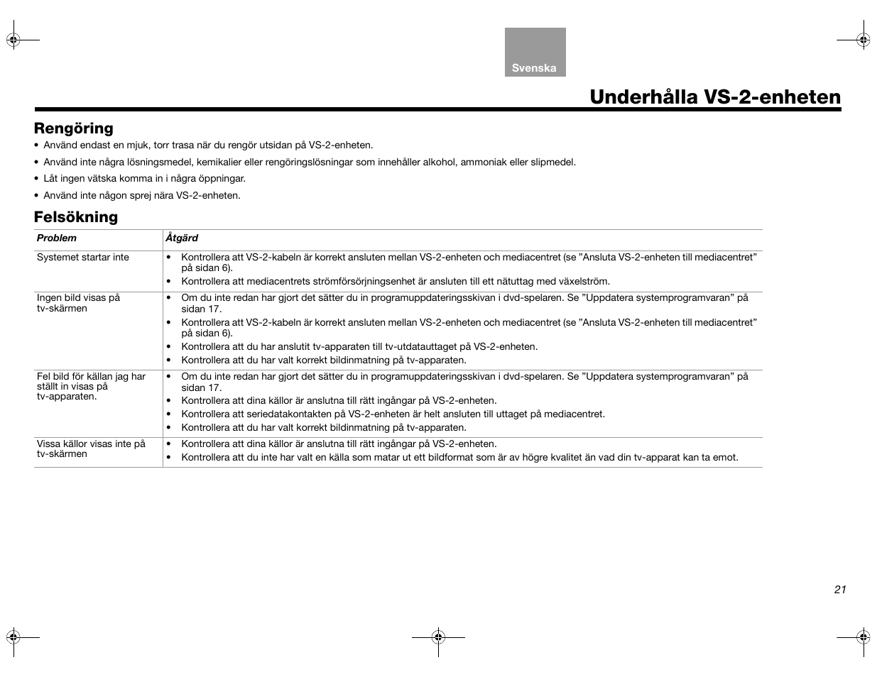 Underhålla vs-2-enheten, Rengöring, Felsökning | Bose Lifestyle AM301726 User Manual | Page 175 / 267