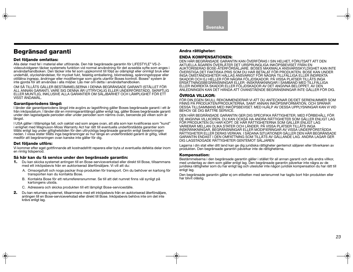 Begränsad garanti | Bose Lifestyle AM301726 User Manual | Page 177 / 267