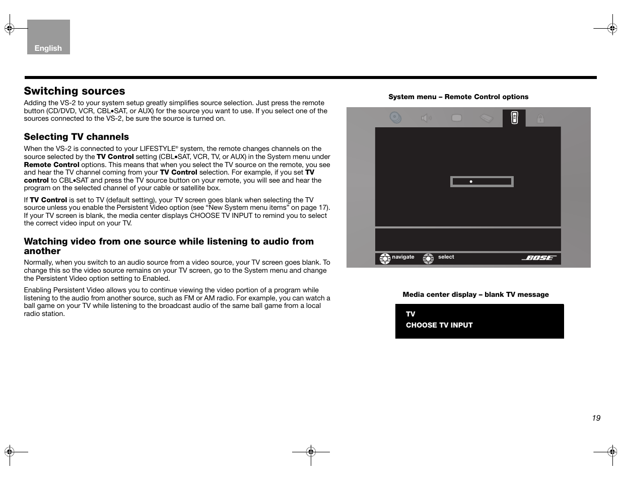 Selecting tv channels, Switching sources | Bose Lifestyle AM301726 User Manual | Page 19 / 267
