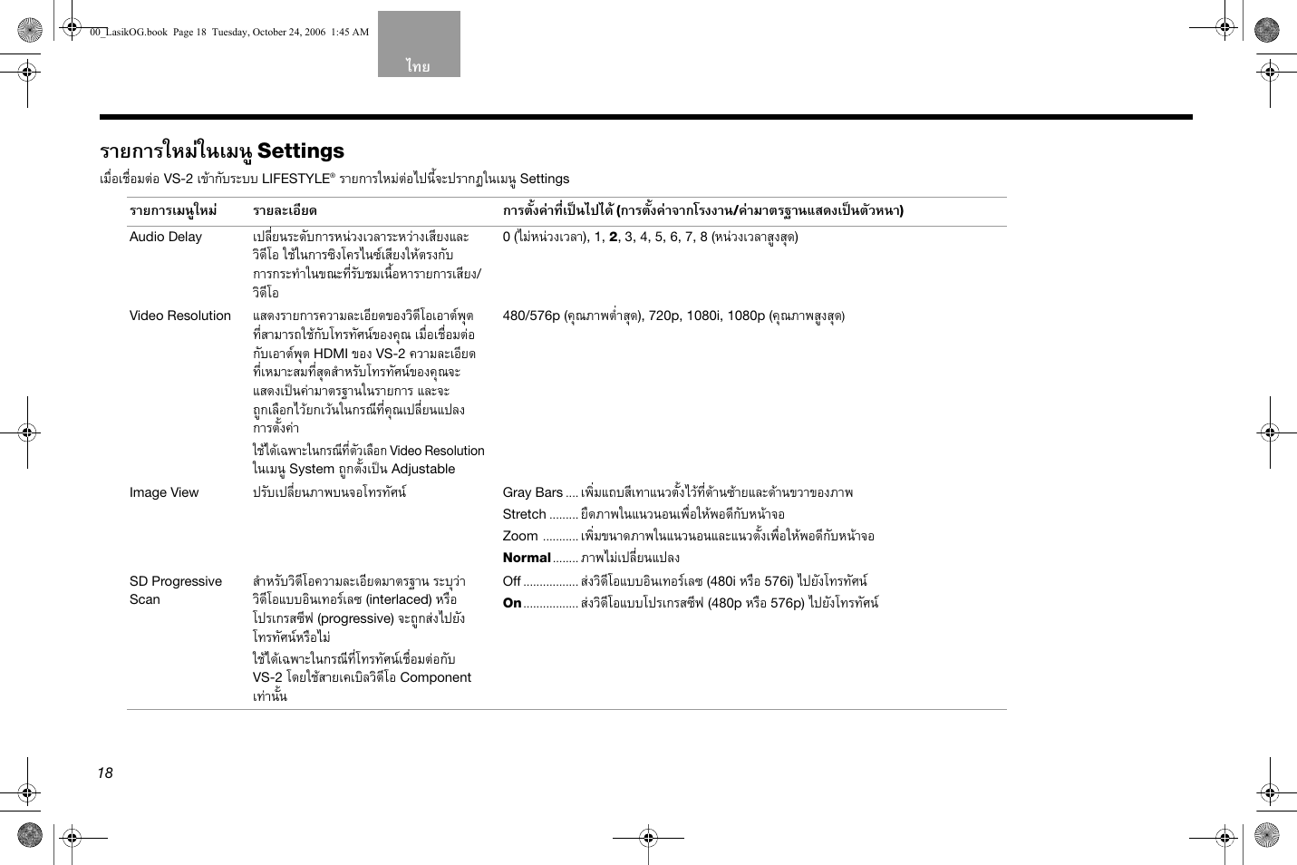 รายการใหมในเมน, Settings | Bose Lifestyle AM301726 User Manual | Page 194 / 267