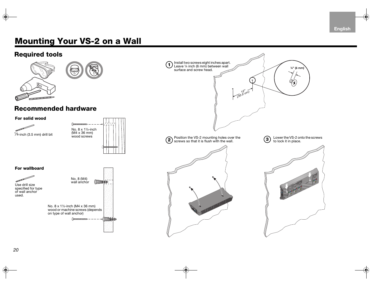 Mounting your vs-2 on a wall, Required tools recommended hardware | Bose Lifestyle AM301726 User Manual | Page 20 / 267
