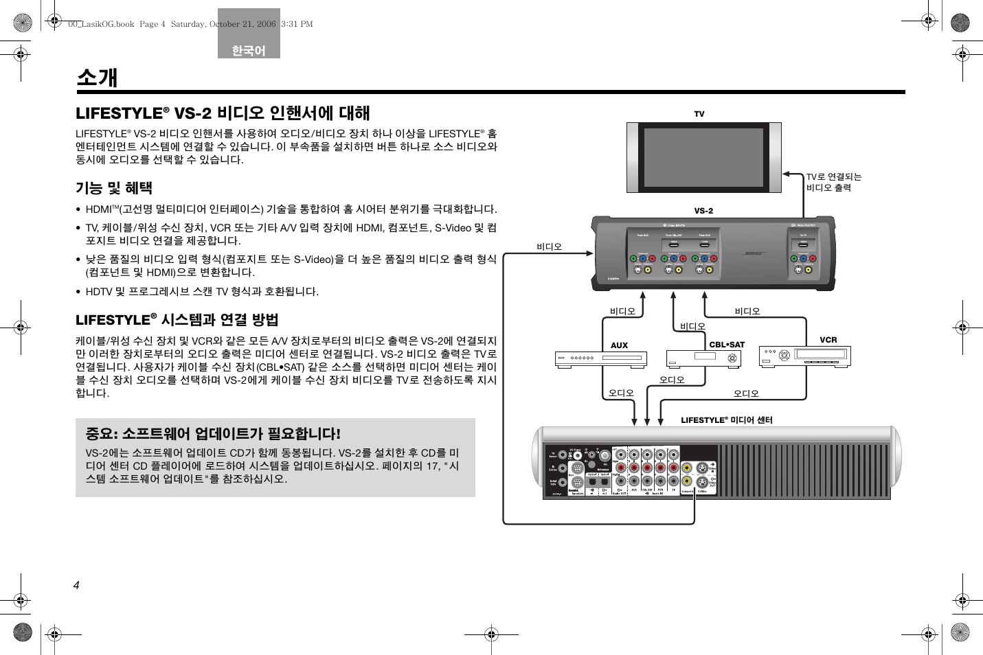 Lifestyle, Vs-2 비디오 인핸서에 대해, 기능 및 혜택 | 시스템과 연결 방법, 중요 : 소프트웨어 업데이트가 필요합니다 | Bose Lifestyle AM301726 User Manual | Page 202 / 267